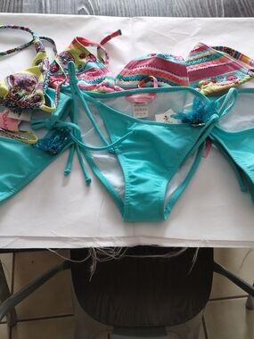 Three Turquoise String Bikini Bottom with Sparkle Flower Accent